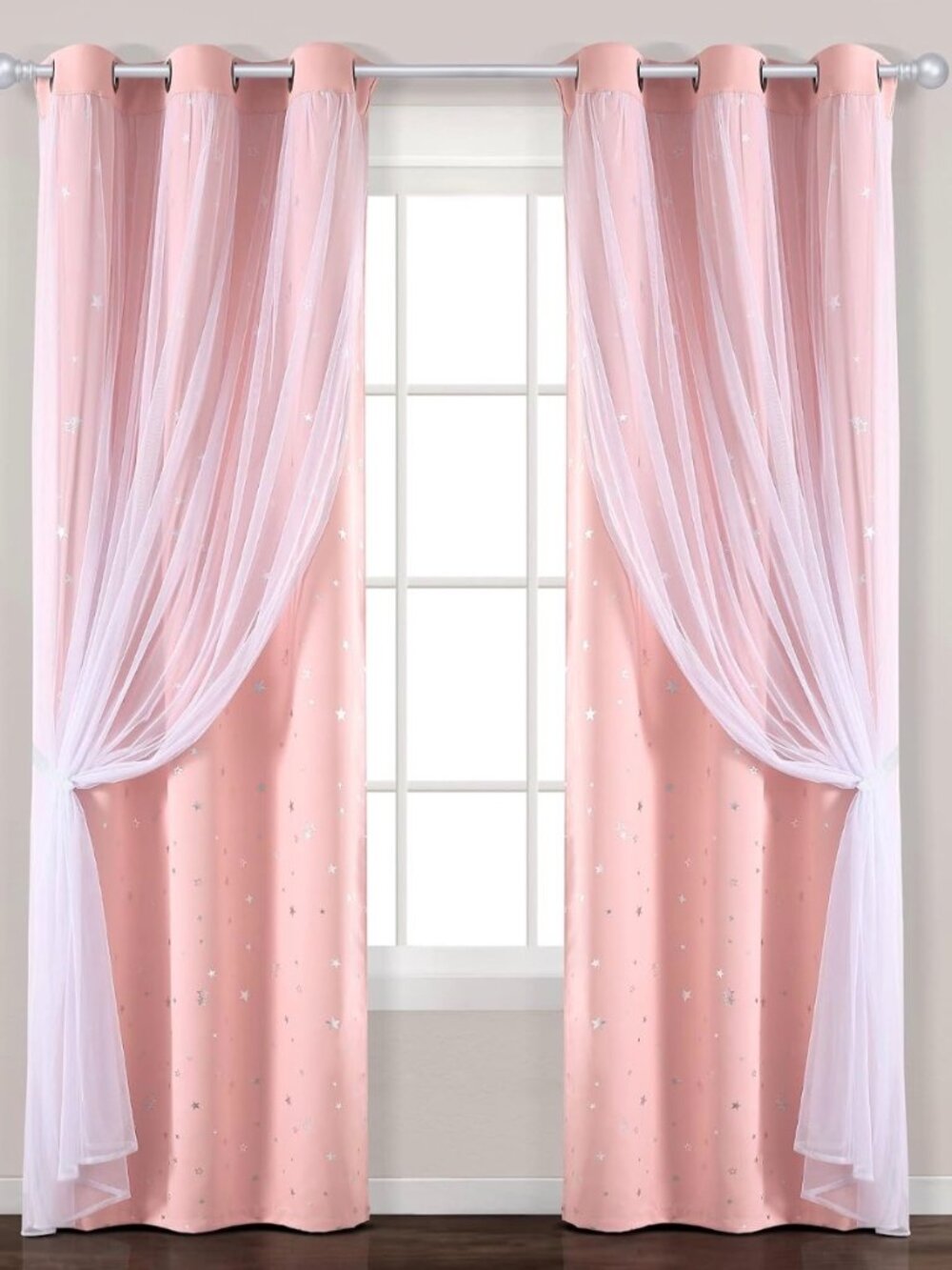 Curtains for Kids, Double Layer Star Cut Out Window Curtains 2 Panel 52W x 84L.